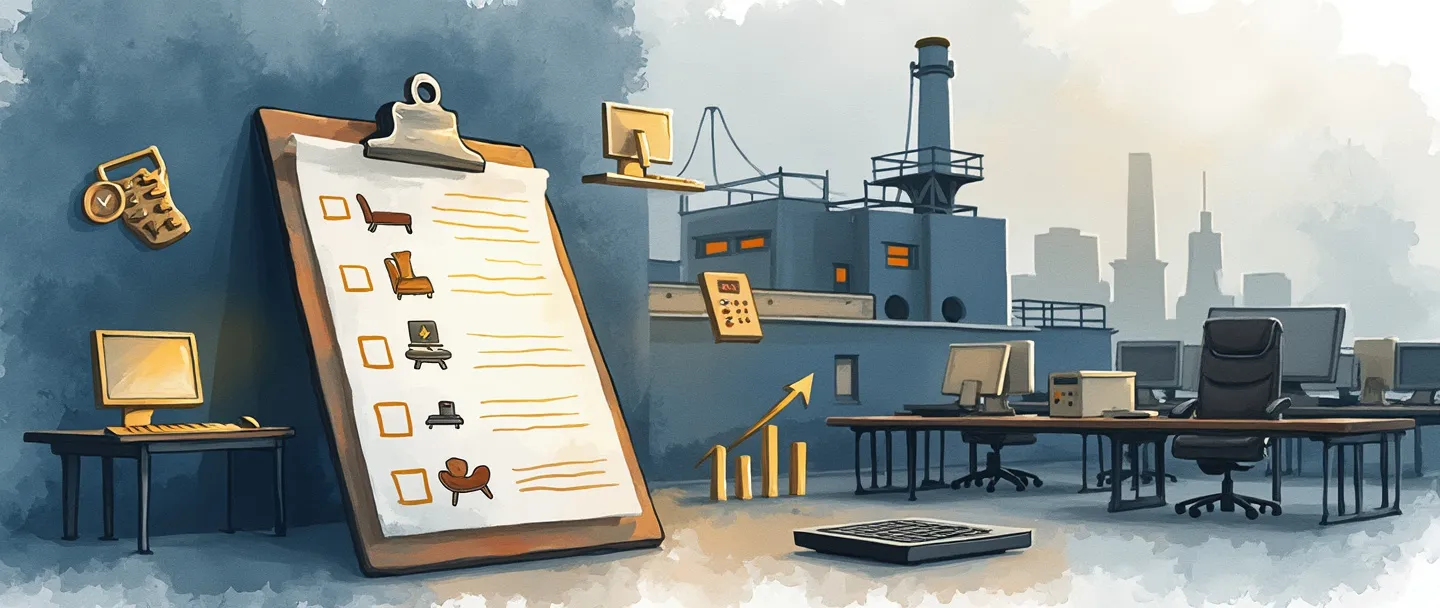 Uma pintura digital em aquarela de um edifício de fábrica com uma prancheta mostrando uma lista de ativos anexada a ele. Equipamentos de escritório como computadores e móveis são destacados com sutis contornos dourados. Uma calculadora e um gráfico de depreciação flutuam nas proximidades. Composição simples com tons suaves de azul e cinza.
