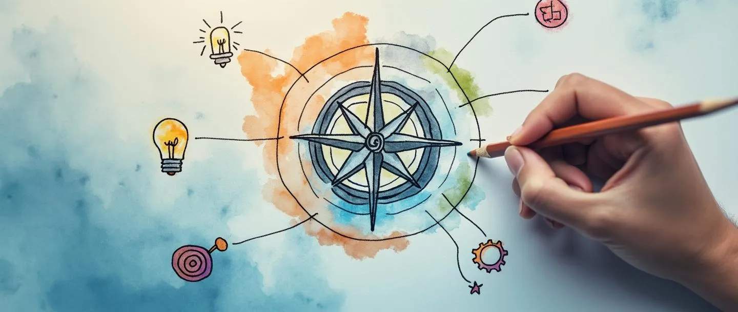 Uma pintura digital em aquarela de uma bússola sobreposta a um mapa simplificado com caminhos coloridos conectando elementos-chave de negócios representados por pequenos ícones: uma lâmpada, um alvo e engrenagens. Uma mão segura um lápis desenhando essas conexões. Estilo limpo e minimalista com tons suaves de azul e laranja. Visualização profissional e criativa de mapeamento de processos de negócios.