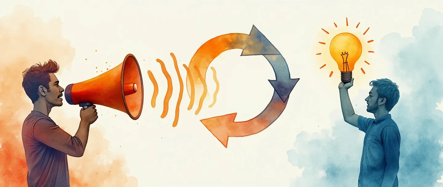 Uma pintura digital em aquarela de uma pessoa falando em um megafone com ondas sonoras fluindo em direção a outra pessoa que está segurando uma lâmpada iluminada. Entre eles há um diagrama de seta circular representando feedback contínuo. Composição simples com azuis e laranjas vibrantes, fundo minimalista.