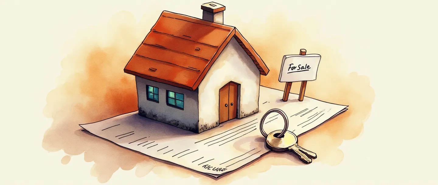 Uma pintura digital em aquarela de uma casa com uma chave na frente, cercada por documentos de propriedade com um selo. Uma pequena placa de "Vende-se" está ao lado, com um aperto de mãos acontecendo nas proximidades. Composição simples com cores quentes e convidativas que transmitem segurança e investimento.