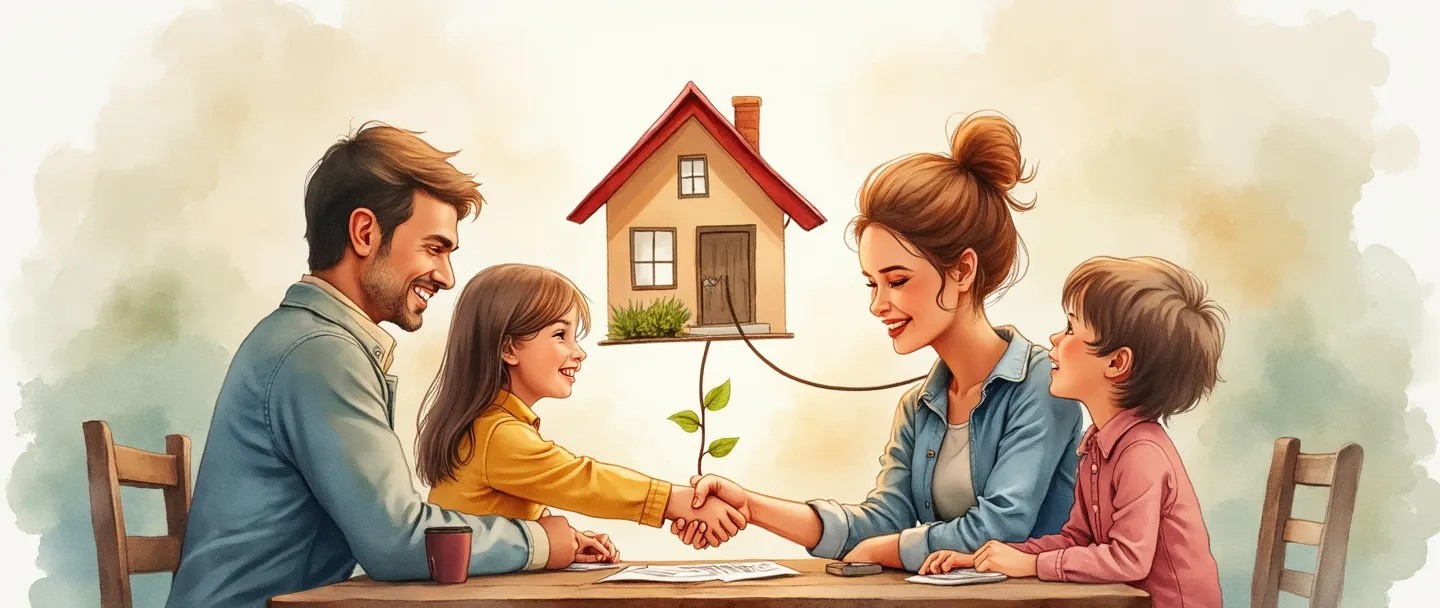 Uma pintura digital em aquarela de uma família reunida ao redor de uma mesa de pequeno negócio, com pais e filhos colaborando. Um símbolo de aperto de mão se conecta a uma forma de casa, com uma pequena árvore genealógica crescendo a partir dela. Composição simples com cores quentes, representando a tradição e cooperação em um negócio familiar.