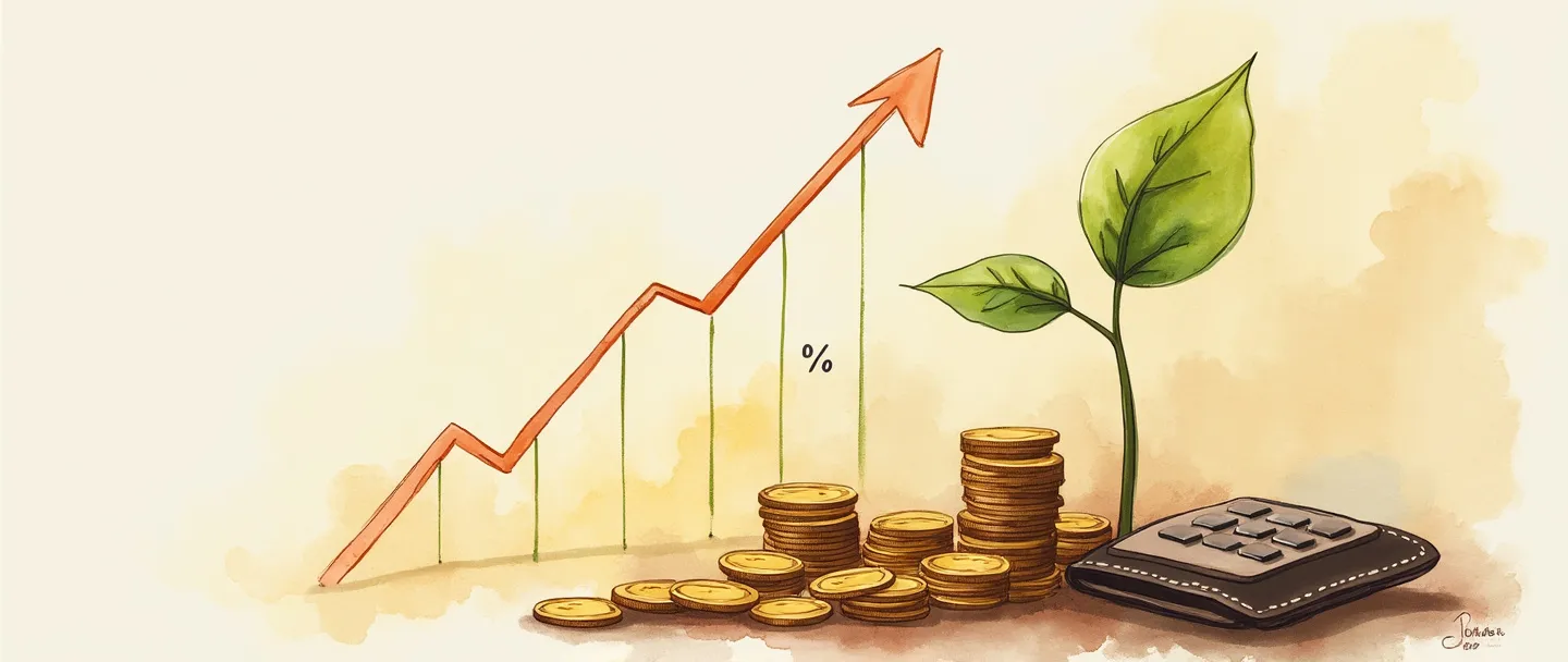 Uma pintura digital em aquarela de uma semente de dinheiro crescendo e se transformando em uma árvore com moedas como frutos, ao lado de um gráfico simples apontando para cima mostrando crescimento. Um pequeno símbolo de porcentagem flutua acima, com uma carteira e uma calculadora próximas. Composição simples, cores quentes, tema de crescimento financeiro.