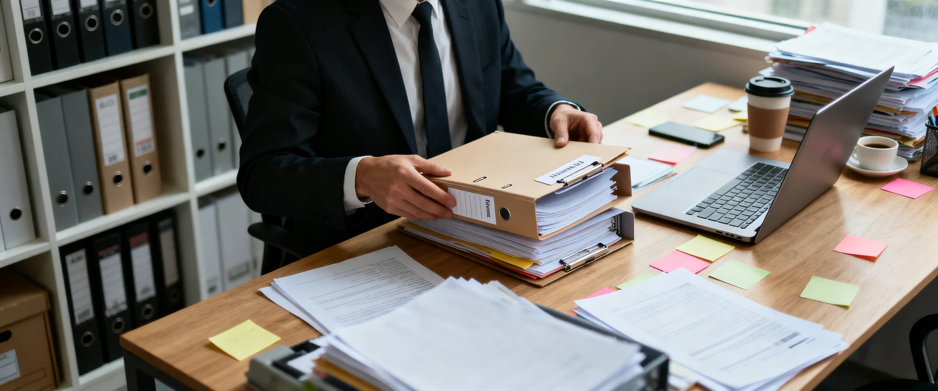 Fotografia editorial ultra-realista de profissional organizando documentos em mesa de escritório bagunçada com papéis, laptop e pastas, contrastando com sistema de arquivamento organizado ao fundo, capturada com Canon EOS R5 em luz natural.