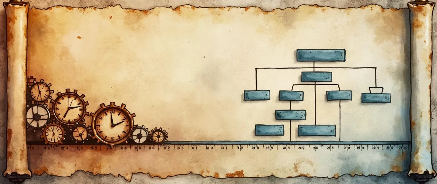 Uma pintura digital em aquarela de um pergaminho antigo gradualmente se transformando em um organograma moderno, com engrenagens desbotadas e relógios vintage ao fundo. Uma linha do tempo flui na parte inferior, mostrando a evolução das estruturas empresariais. Composição simples com tons sépia quentes transitando para azuis contemporâneos, capturando a essência da história organizacional.