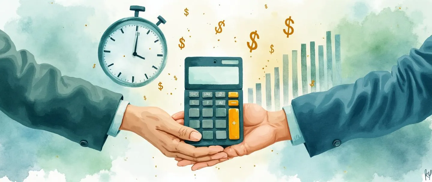 Uma pintura digital em aquarela de uma pessoa de negócios entregando um portfólio financeiro a outro profissional. Entre eles flutua uma calculadora e símbolos de dólar. Um relógio e um gráfico aparecem no fundo, sugerindo eficiência e crescimento. Composição simples com tons suaves de azul e verde.