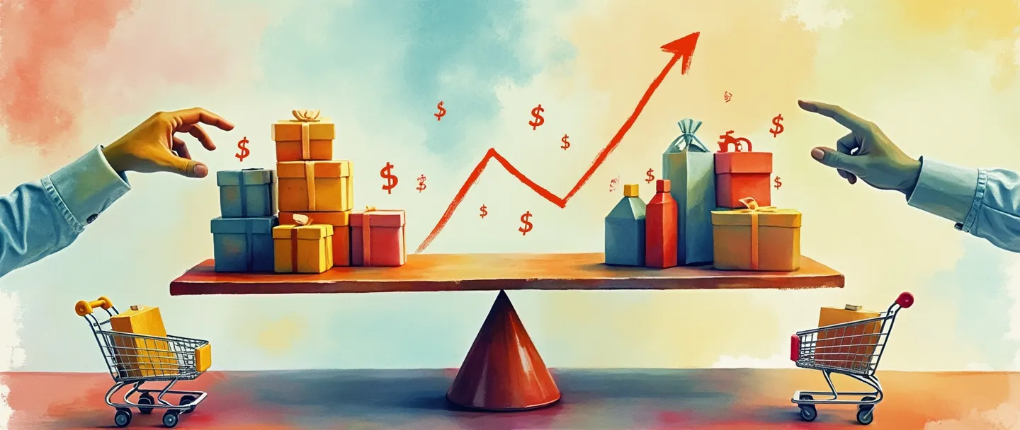 Uma pintura digital em aquarela de uma balança pesando a demanda do consumidor representada por múltiplas mãos alcançando produtos de um lado, contra a oferta mostrada como mercadorias empilhadas do outro. Um gráfico simples com tendência ascendente flutua acima, com símbolos sutis de cifrão e carrinhos de compras fluindo em direção a um mercado central. Cores vibrantes mas simples, conceito de negócios, tema econômico.