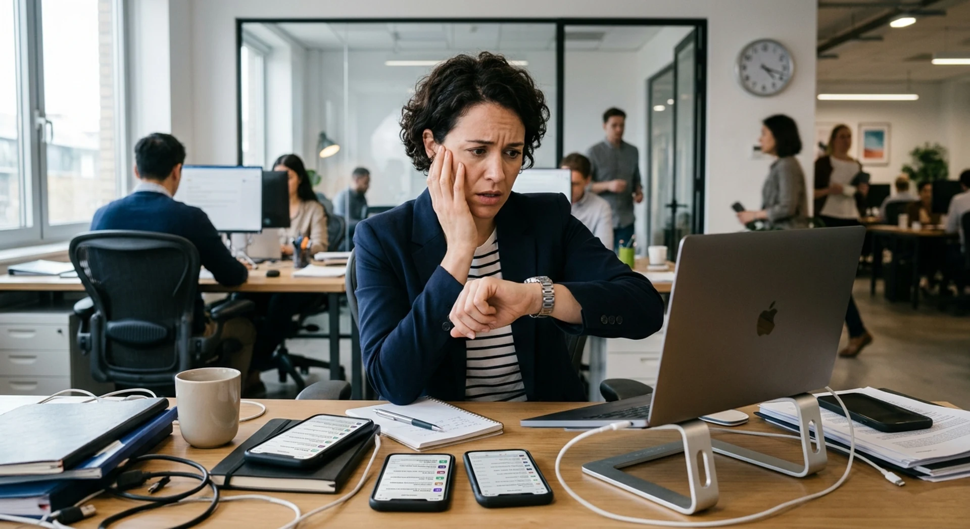Cultura do Imediatismo: conceito, impactos e formas de enfrentamento Profissional de negócios estressado em escritório moderno cercado por múltiplos smartphones com notificações, laptop e relógio, multitarefas ansiosamente em ambiente corporeal autêntico capturado em fotografia documental ultra-realista.