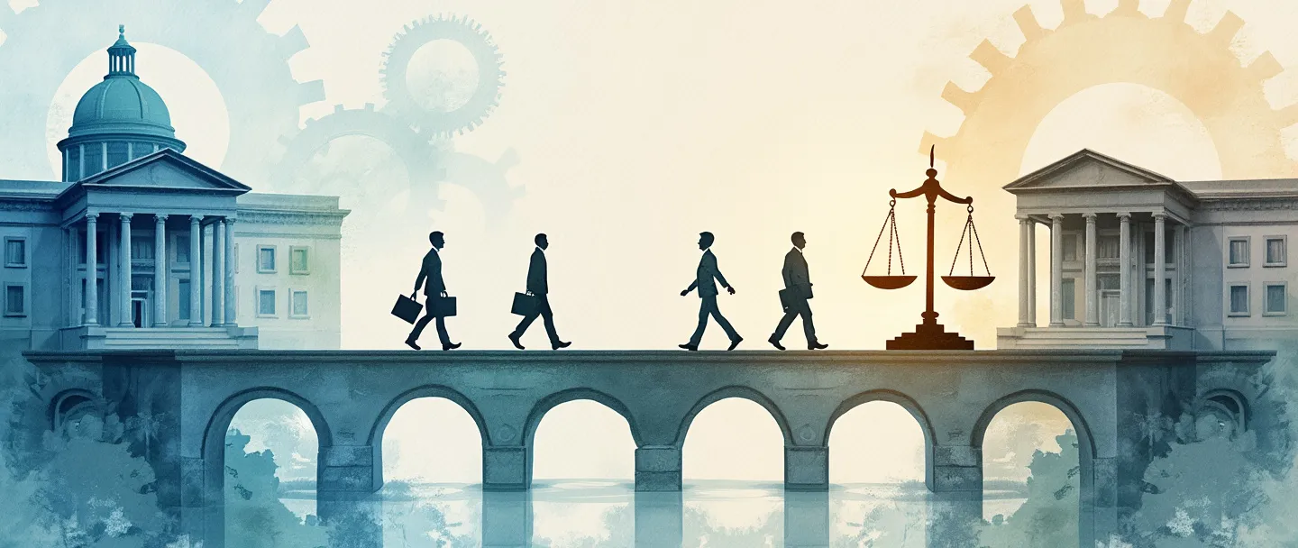 Uma pintura digital em aquarela de edifícios governamentais conectados por pontes, com engrenagens girando transparentemente no interior. Servidores públicos com pastas caminham com determinação pelas pontes enquanto uma balança da justiça equilibra um livro de serviço público e um aperto de mão cidadão. Composição simples com tons suaves de azul e acentos quentes.