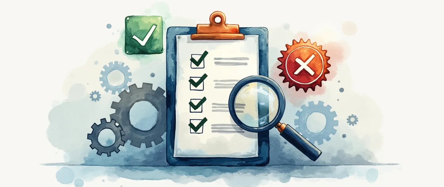 Uma pintura digital em aquarela de uma lupa examinando uma prancheta com uma lista de verificação, cercada por engrenagens flutuantes. Um sinal de verificação verde e um X vermelho pairam nas proximidades, com um selo de certificado de qualidade ao fundo. Composição simples, linhas limpas, profissional mas acessível.