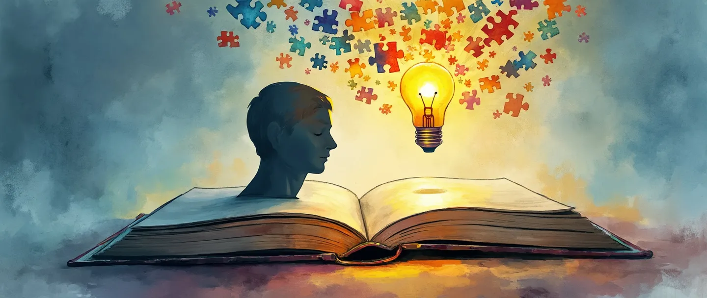 Uma pintura digital em aquarela de um livro aberto com peças de quebra-cabeça brilhantes flutuando acima dele, conectando-se para formar uma lâmpada. O conhecimento flui como correntes coloridas entre o livro e a cabeça da silhueta de uma pessoa. Composição simples com tons quentes de azul e dourado, representando a organização e o compartilhamento de ideias.