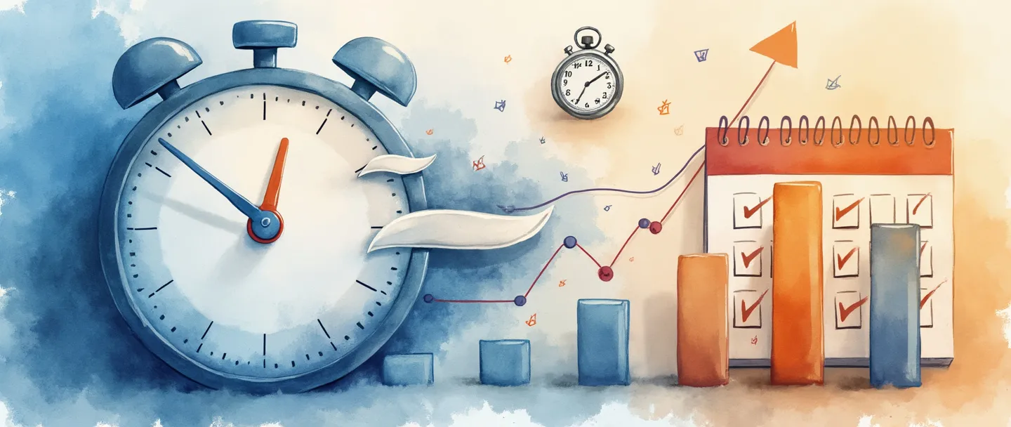 Uma pintura digital em aquarela de um relógio com marcadores de tempo fluidos, cercado por um calendário com marcas de verificação. Um cronômetro paira nas proximidades, conectado a um gráfico de barras simples com tendência ascendente. Linhas limpas, tons suaves de azul e laranja, transmitindo gerenciamento de tempo e produtividade.