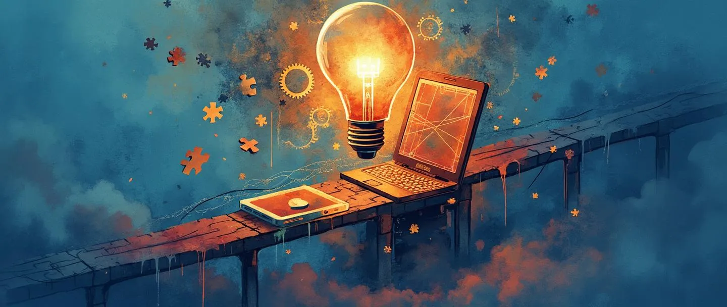 Uma pintura digital em aquarela de um computador se transformando em uma lâmpada brilhante, cercado por engrenagens flutuantes e peças de quebra-cabeça. Uma ponte conecta o computador a um smartphone, com dados digitais fluindo através dela. Composição simples com vibrantes tons de azul e laranja, representando a transformação digital.