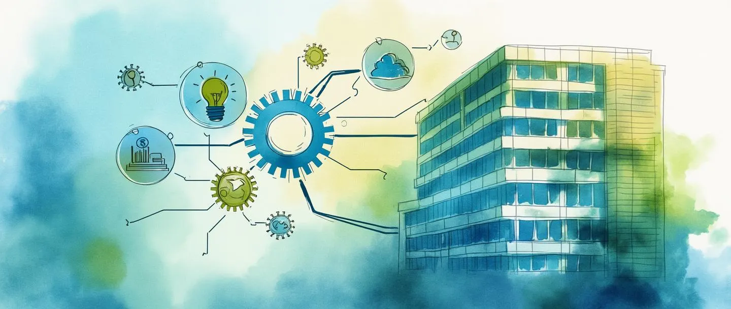 Uma pintura digital em aquarela de um edifício de escritórios com engrenagens interconectadas e peças de quebra-cabeça fluindo entre diferentes andares. Um hub central com conexões radiantes liga-se a vários ícones de negócios: uma lâmpada, computador, aperto de mão e gráfico. Composição simples com vibrantes tons de azul e verde, transmitindo integração de soluções corporativas.
