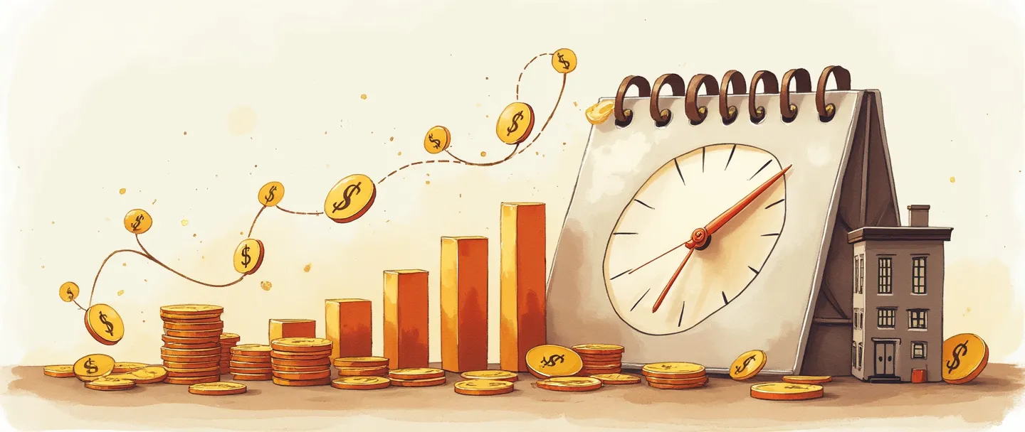 Uma pintura digital em aquarela de um calendário com cifrões e moedas fluindo ao seu redor, conectado a um simples gráfico de barras ascendente. Um pequeno edifício de escritórios está ao fundo com um relógio mostrando um ciclo anual completo. Cores quentes, composição limpa, representando o cálculo de receita anual.