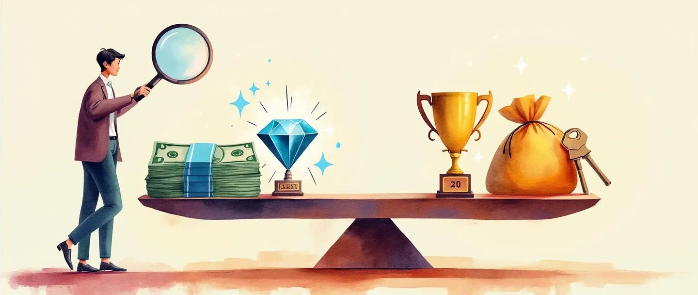 Uma pintura digital em aquarela de um cliente segurando uma lupa examinando um diamante brilhante em uma balança, com uma etiqueta de preço anexada. De um lado da balança há dinheiro, do outro lado estão benefícios representados por uma lâmpada, um troféu e uma chave. Composição simples com cores quentes destacando o equilíbrio entre custo e benefícios percebidos.