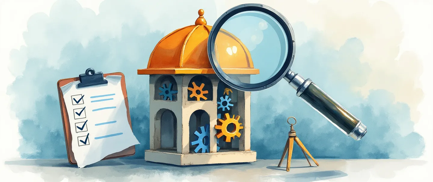 Uma pintura digital em aquarela de uma lupa examinando a estrutura interna de um edifício com engrenagens visíveis e peças de quebra-cabeça dentro. Uma prancheta com uma lista de verificação flutua nas proximidades, enquanto uma bússola aponta para dentro. Composição simples com tons suaves de azul e laranjas quentes, profissional mas acessível.