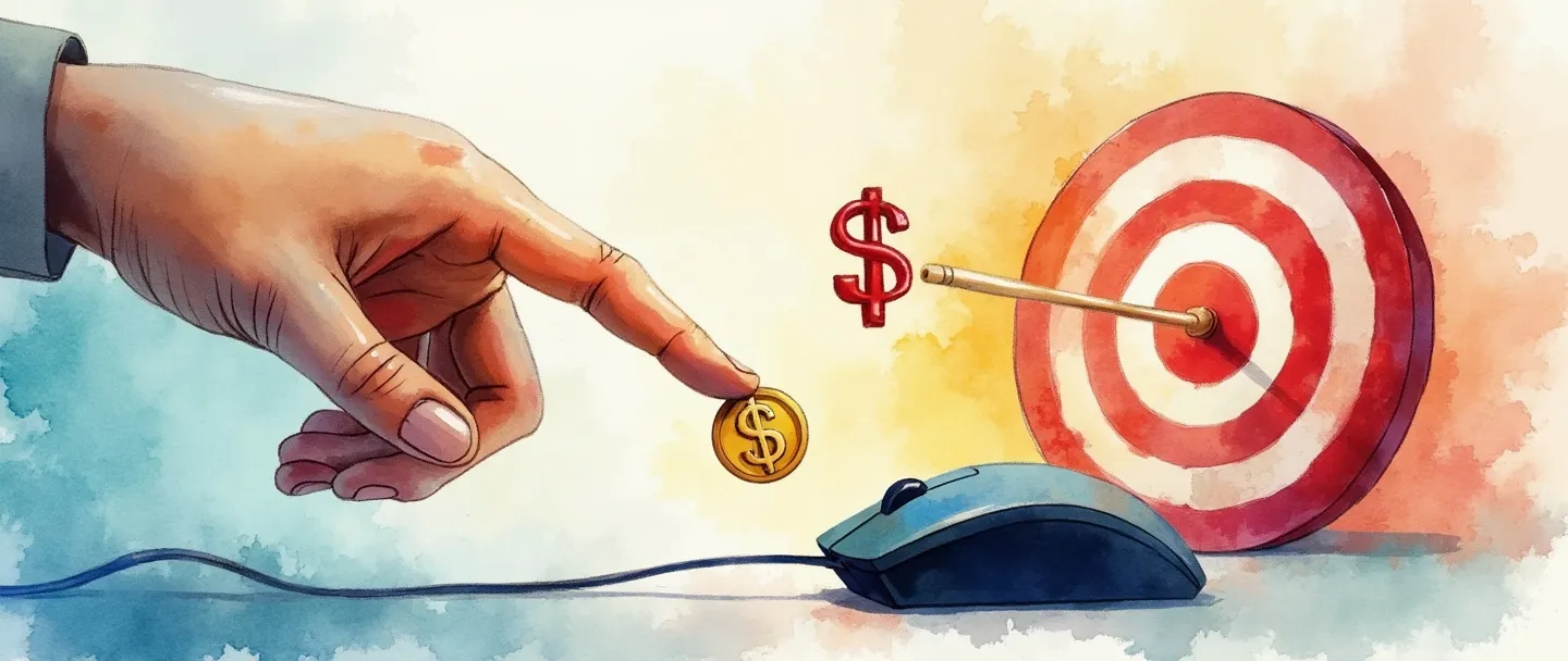 Uma pintura digital em aquarela de uma mão clicando em um mouse de computador conectado a uma moeda, com um alvo e um cifrão no fundo. Composição simples com cores vibrantes mostrando o conceito de pay-per-click, onde cada clique custa dinheiro, mas visa um alvo específico.