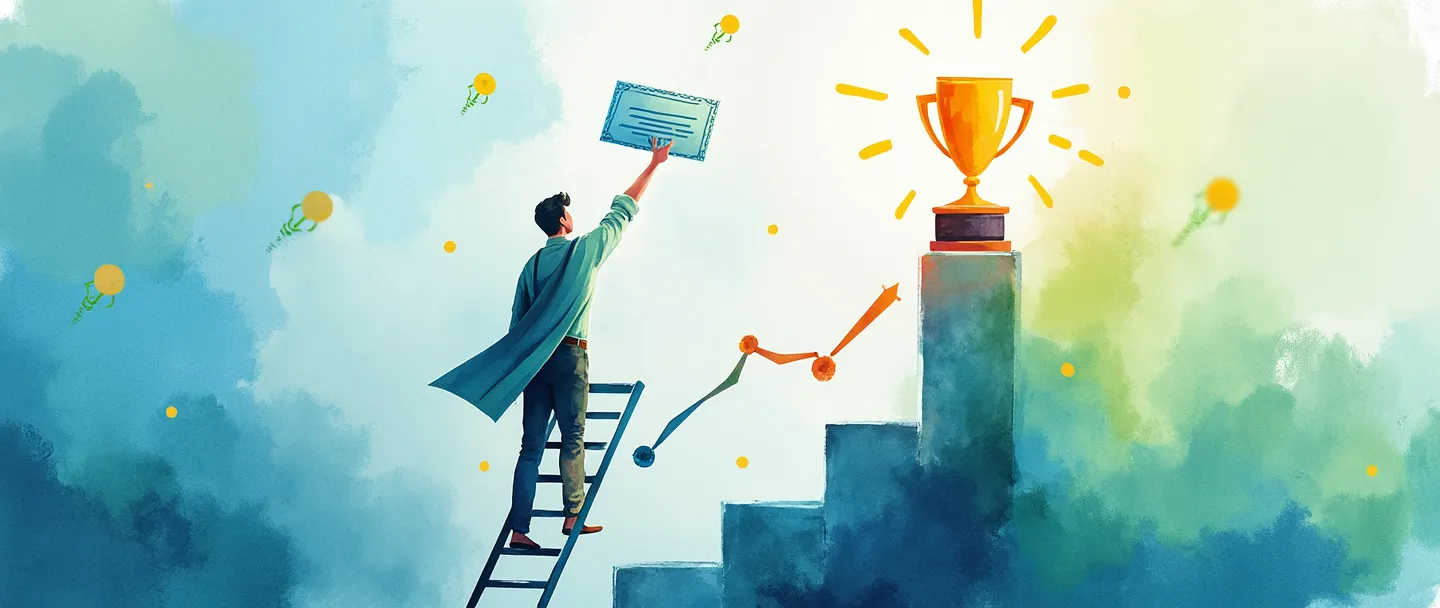 Uma pintura digital em aquarela de uma pessoa subindo uma escada em direção a um troféu, com um gráfico mostrando progresso ascendente ao lado dela. Um certificado flutua nas proximidades, cercado por pequenas lâmpadas representando conhecimento. Composição simples com vibrantes tons de azul e verde, tema de desenvolvimento profissional.