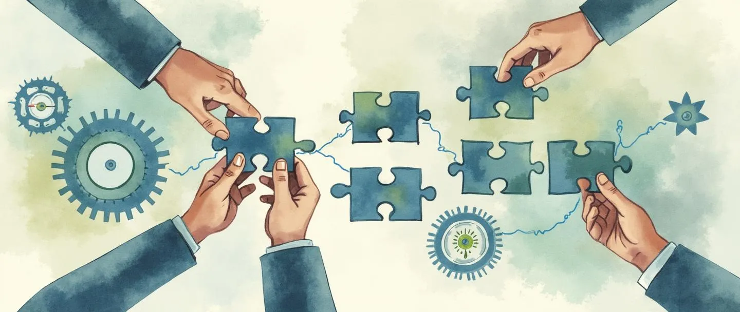 Uma pintura digital em aquarela de reorganização corporativa mostrando um organograma simplificado sendo rearranjado por mãos, com peças de quebra-cabeça conectando diferentes posições. Engrenagens girando ao fundo simbolizam mudança operacional, enquanto uma pequena bússola indica nova direção. Linhas limpas, tons suaves de azul e verde, estilo profissional mas acessível.