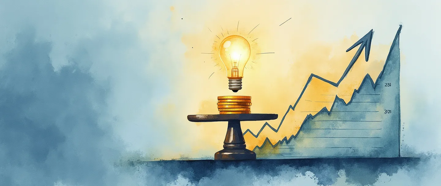 Uma pintura digital em aquarela de um certificado de ações se transformando em um gráfico ascendente, com uma moeda dourada equilibrada no topo. Uma pequena lâmpada brilha acima, lançando luz sobre uma balança em miniatura que mostra valor. Composição simples com tons de azul e dourado, transmitindo o conceito de valor de ações.