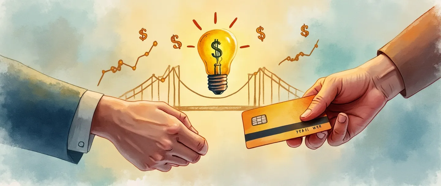 Uma pintura digital em aquarela de um aperto de mão entre uma pessoa e uma mão segurando um cartão de crédito, com uma ponte conectando-os. Acima flutua uma lâmpada iluminando cifrões e um pequeno gráfico com tendência ascendente. Composição simples com cores quentes representando recuperação financeira e oportunidade.