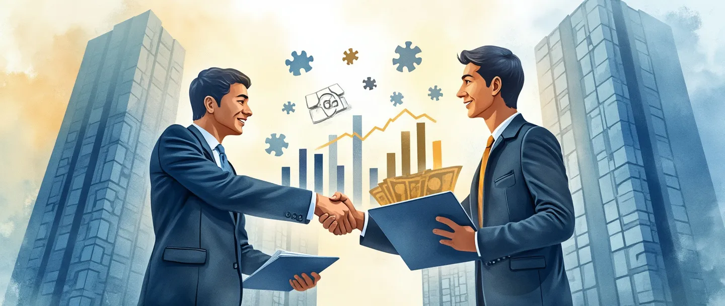 Uma pintura digital em aquarela de empresários em ternos apertando as mãos ao redor de uma pasta contendo gráficos de barras e dinheiro. Atrás deles está um arranha-céu moderno com um logotipo em forma de peça de quebra-cabeça. Composição simples com tons de azul e dourado transmitindo profissionalismo e gestão de patrimônio.