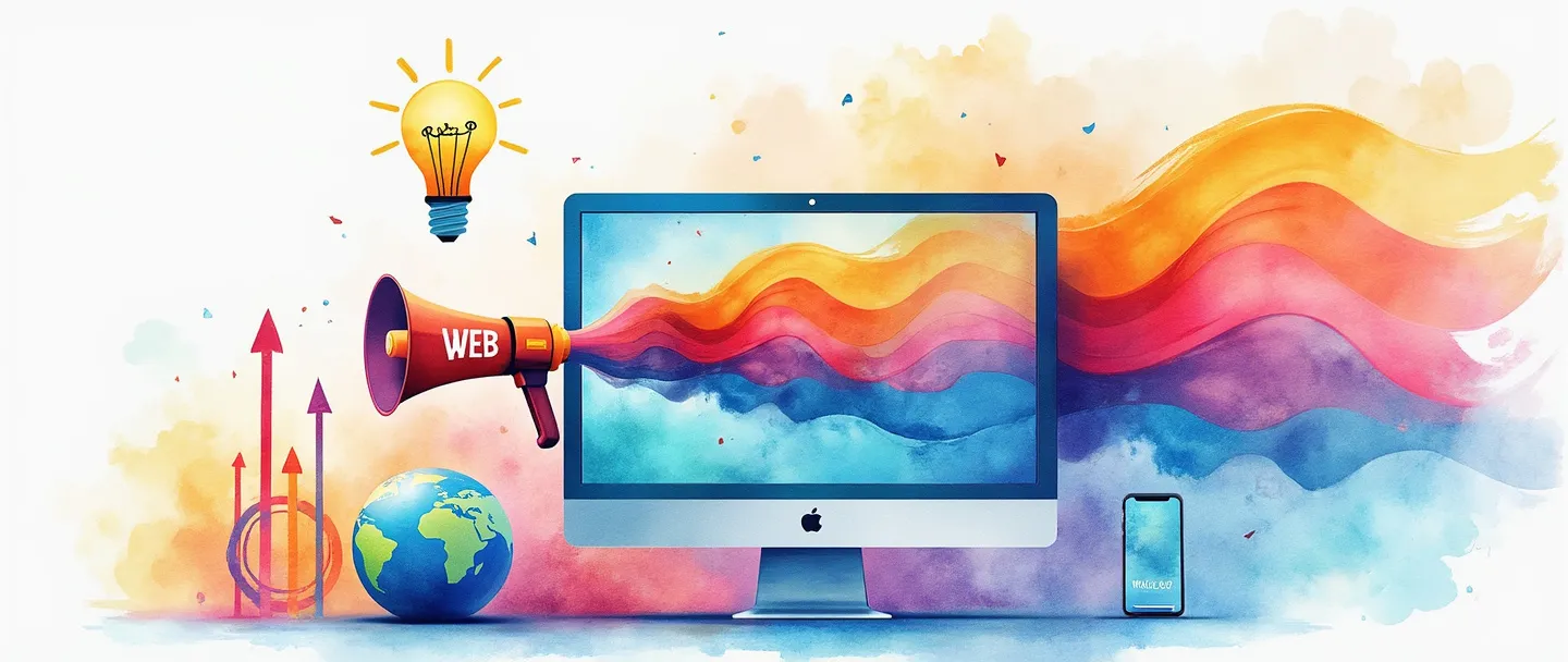 Uma pintura digital em aquarela de uma tela de computador exibindo uma página web colorida, com um megafone emitindo ondas vibrantes que se conectam a um smartphone, globo e gráfico em ascensão. Uma lâmpada flutua acima, iluminando um alvo com uma flecha atingindo o centro. Composição simples com cores fluidas representando promoção online e crescimento estratégico.