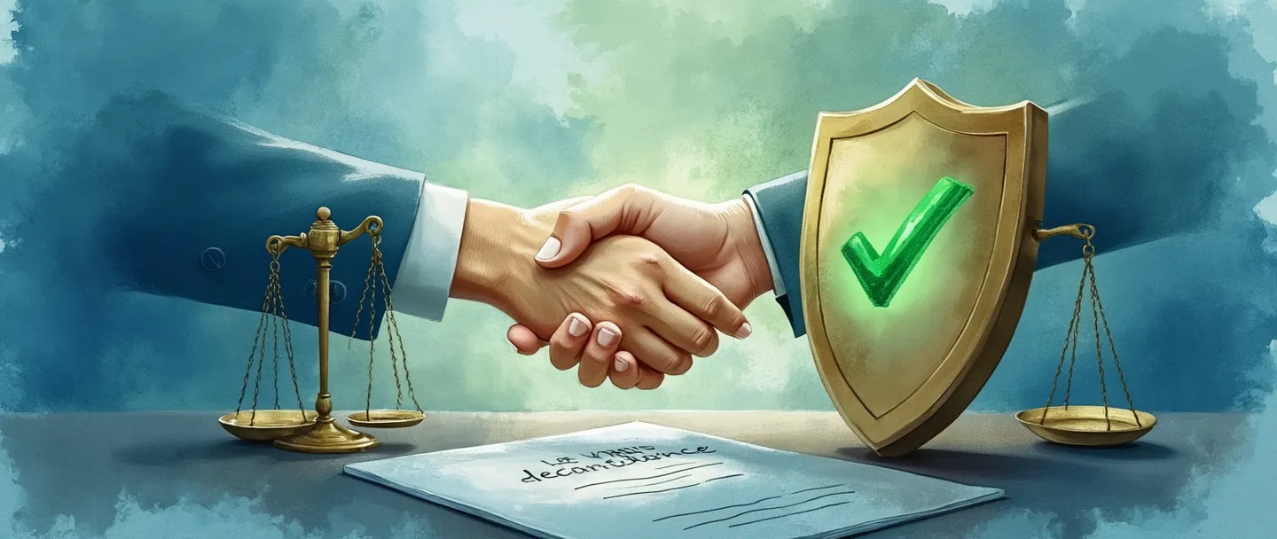 Uma pintura digital em aquarela de um aperto de mão entre uma pessoa de negócios e um escudo, com um certificado e a balança da justiça ao fundo. Um sinal de verificação verde brilha em um documento de conformidade. Composição simples com tons de azul e verde transmitindo confiança e segurança.