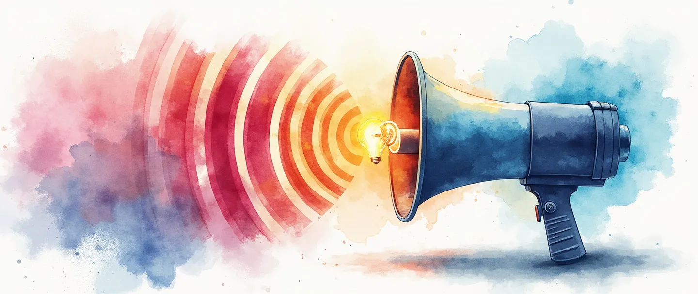 Uma pintura digital em aquarela de um megafone projetando ondas coloridas que se transformam em um logotipo de marca. As ondas iluminam um alvo com uma lâmpada em seu centro. Composição simples com cores vibrantes, representando promoção e visibilidade da marca.