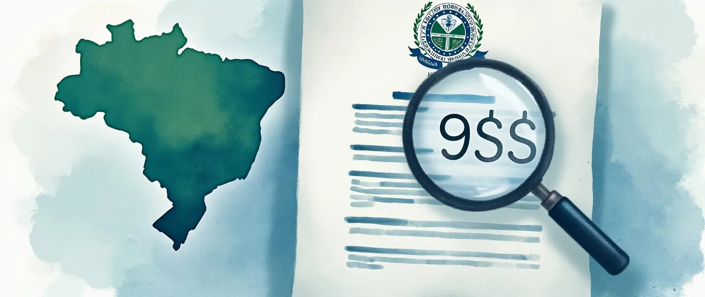 Uma pintura digital em aquarela de um documento oficial com um número de registro estadual exibido de forma proeminente, acompanhado por um selo governamental. Uma lupa paira sobre o número, destacando sua importância. Um mapa simplificado do Brasil aparece no fundo com um estado sutilmente destacado. Estilo limpo e profissional com tons suaves de azul e verde.