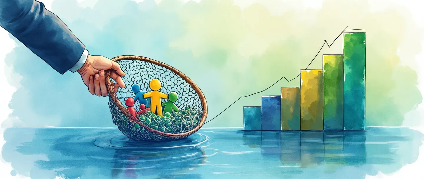 Uma pintura digital em aquarela de uma rede de pesca capturando símbolos coloridos de novos clientes, com um gráfico de barras ascendente ao fundo. Um aperto de mãos conecta a rede a um portfólio de negócios. Composição simples com tons vibrantes de azul e verde, transmitindo crescimento e aquisição.