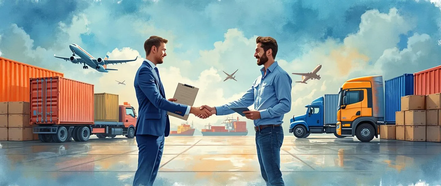 Uma pintura digital em aquarela de um armazém logístico com contêineres de transporte sendo gerenciados por trabalhadores. Um aperto de mão entre dois empresários em primeiro plano, com um deles entregando uma prancheta com um contrato. Ao fundo, caminhões, navios e aviões movimentam pacotes de forma eficiente. Composição simples com vibrantes tons de azul e laranja.