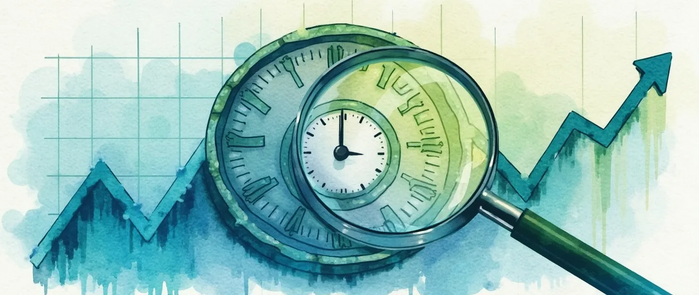 Uma pintura digital em aquarela de um relógio circular com estágios de vendas marcados ao redor de seu mostrador, conectado a um gráfico com tendência ascendente. Uma lupa foca no relógio, revelando um cronômetro dentro. Composição simples com vibrantes tons de azul e verde, representando eficiência e medição do ciclo de vendas.