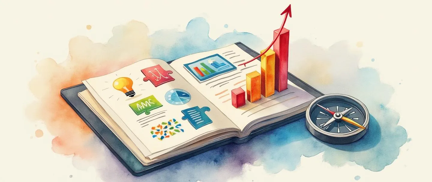 Uma pintura digital em aquarela de um portfólio aberto exibindo diversos ícones de produtos - um smartphone, uma lâmpada e peças de quebra-cabeça - organizados de forma ordenada. Uma bússola aponta para um gráfico de barras ascendente ao lado do portfólio. Composição simples com cores vibrantes contra um fundo limpo.