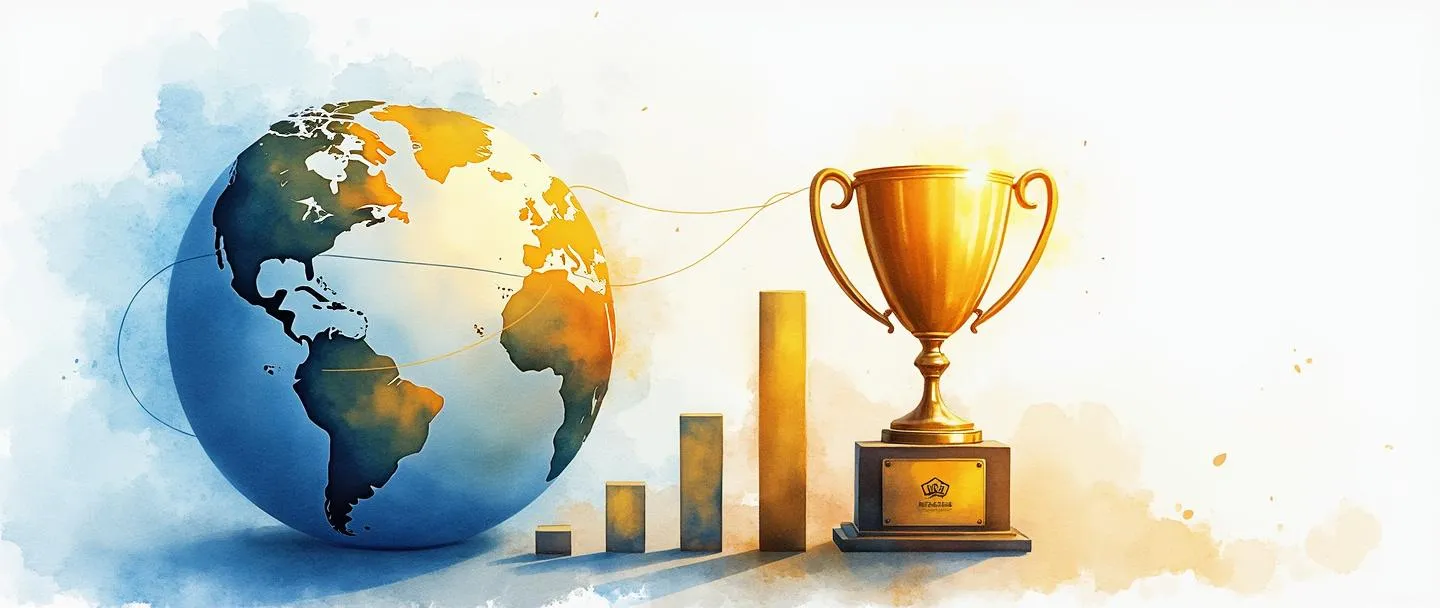 Uma pintura digital em aquarela de um globo com uma interface de website sobreposta, conectada a um troféu dourado que emite um brilho suave. Um gráfico de barras simplificado se eleva ao lado deles, com um logotipo de marca no seu topo. A composição usa tons vibrantes de azul e dourado contra um fundo branco limpo. Representação simples e elegante do valor de marca online.