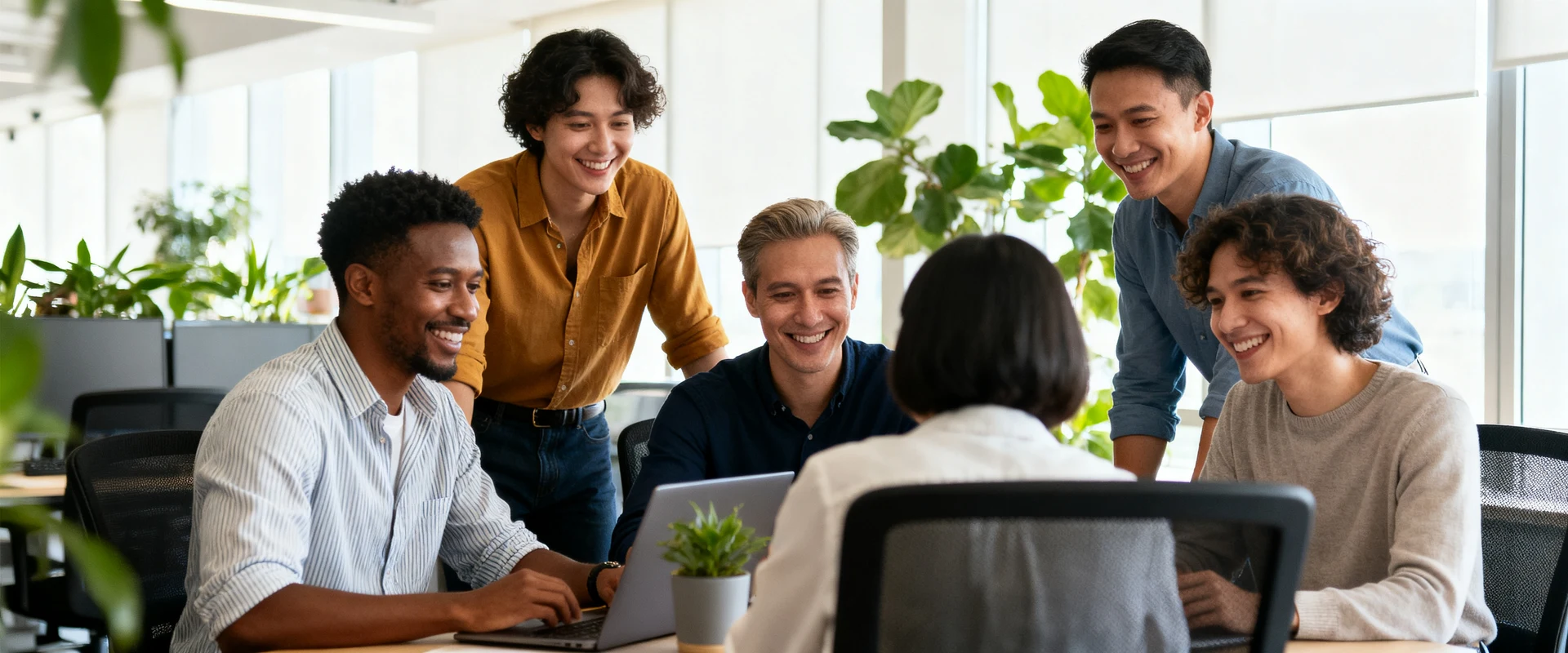 Qualidade de vida no trabalho: importância e como promover no ambiente corporativo Fotografia editorial ultra-realista de equipe diversa colaborando em escritório moderno e iluminado, com plantas e móveis ergonômicos, capturando momento autêntico de trabalho em grupo com sorrisos genuínos e linguagem corporal relaxada.