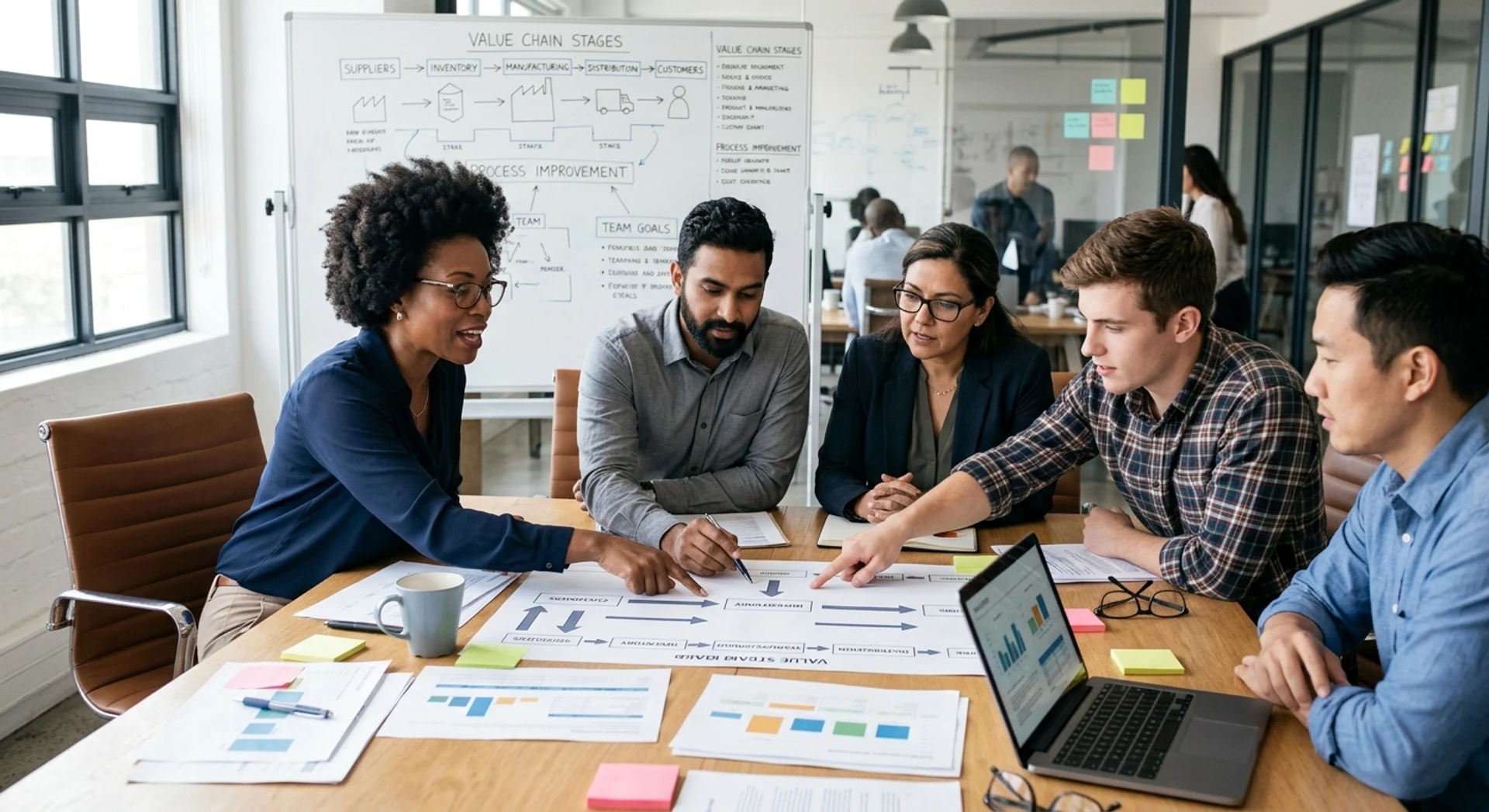 Fotografia editorial ultra-realista de equipe de negócios diversa colaborando em mesa de conferência com documentos físicos mostrando diagramas de fluxo de trabalho e processos operacionais, capturada com Canon EOS R5 em ambiente corporativo autêntico com luz natural.
