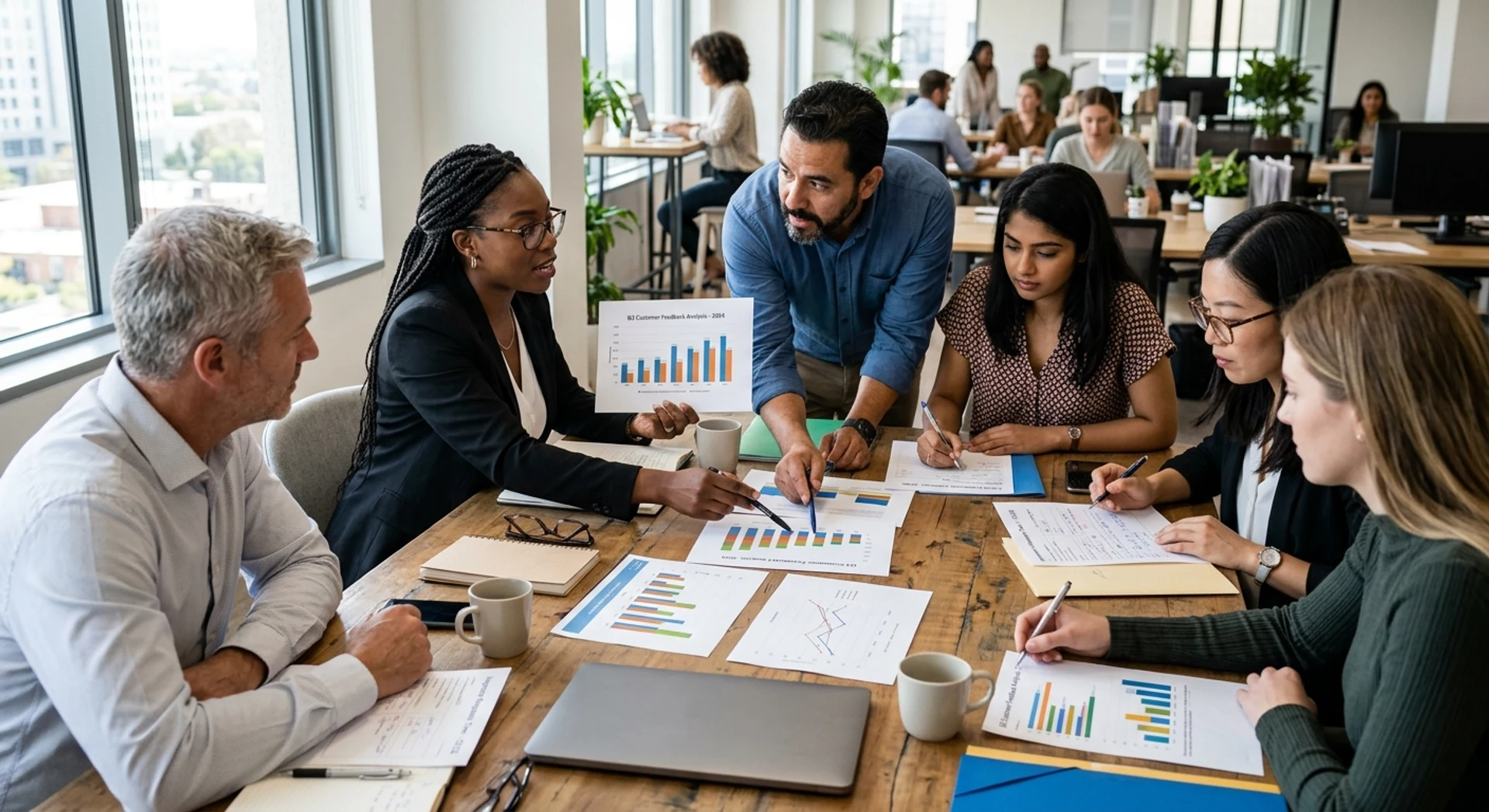 Pesquisa de mercado: o que é, por que importa e como fazer da forma certa Fotografia editorial ultra-realista de equipe de negócios diversa analisando gráficos impressos e formulários de feedback de clientes em mesa de conferência, luz natural de janela, foco nítido, alta resolução, momento autêntico capturado em Canon EOS R5.