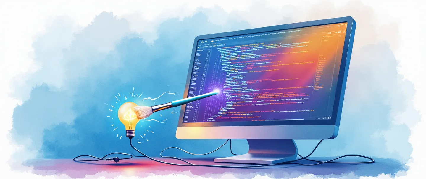 Uma pintura digital em aquarela de uma tela de computador exibindo páginas da web coloridas com um pincel tocando a tela, criando ondulações de código e conteúdo. Ao lado, uma pequena lâmpada brilha, conectada à tela por fluxos digitais. Composição simples com vibrantes tons de azul e roxo, representando a criação e desenvolvimento de conteúdo web.