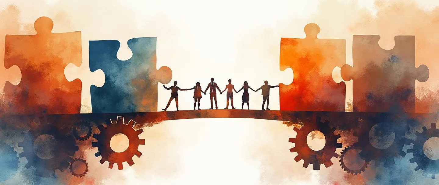 Uma pintura digital em aquarela de peças de quebra-cabeça formando uma ponte coesa entre dois edifícios de escritórios, com pessoas de mãos dadas ao longo da extensão. Engrenagens se interconectam suavemente sob a ponte, simbolizando a harmonia organizacional. Composição simples com cores quentes e unificadas fluindo por toda a cena.