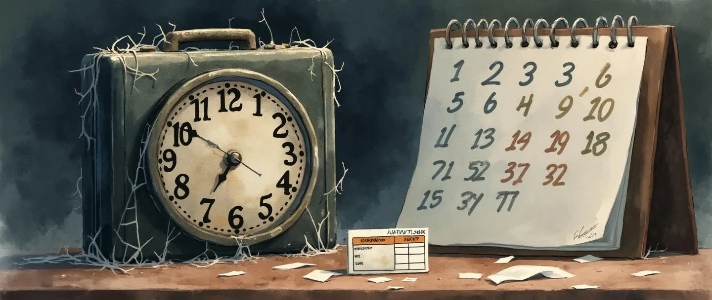 Uma pintura digital em aquarela de um relógio empoeirado parcialmente coberto por teias de aranha ao lado de uma maleta fechada com um cartão de identificação de cliente desbotado. Um calendário mostra dias não marcados passando. Composição simples com cores suaves transmitindo negligência e inatividade.
