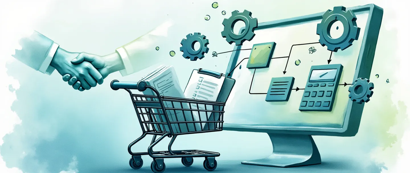 Uma pintura digital em aquarela de um carrinho de compras cheio de documentos organizados e uma prancheta com uma lista de verificação. Uma tela de computador exibe um fluxograma conectado a um calendário e uma calculadora. Engrenagens simples flutuam acima, com um aperto de mãos se formando no fundo. Composição limpa com tons de azul e verde transmitindo eficiência e organização.