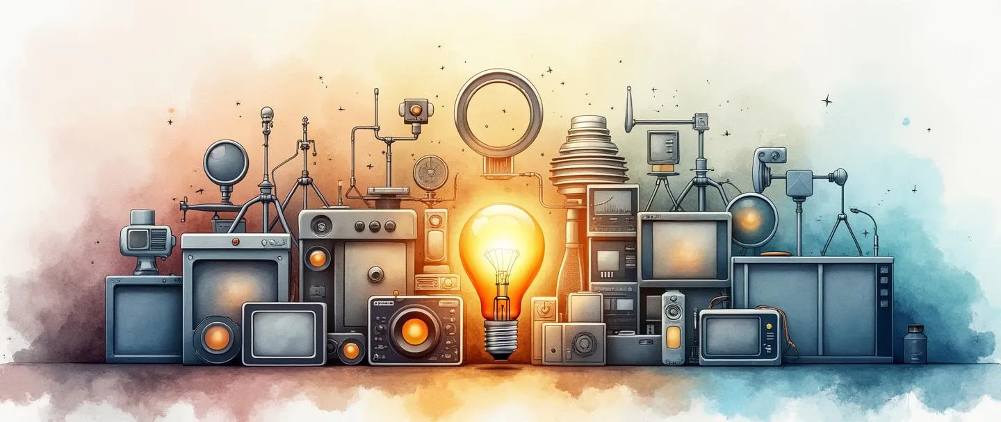 Uma pintura digital em aquarela de uma variedade diversificada de produtos organizados em um display em forma de leque, com uma lâmpada central conectando todos eles. Os produtos variam de simples a avançados, fluindo da esquerda para a direita, com um gradiente sutil de cores. Composição simples, linhas limpas, tema de variedade de produtos.