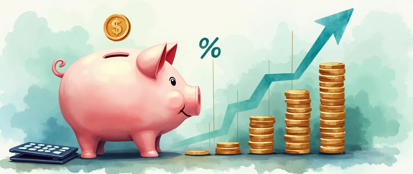 Uma pintura digital em aquarela de um cofrinho de porquinho com moedas fluindo para dentro dele, ao lado de um gráfico simples com tendência ascendente com um símbolo de porcentagem. Uma pequena calculadora e carteira próximas. Composição limpa com tons suaves de azul e verde, representando a taxa de rentabilidade líquida.