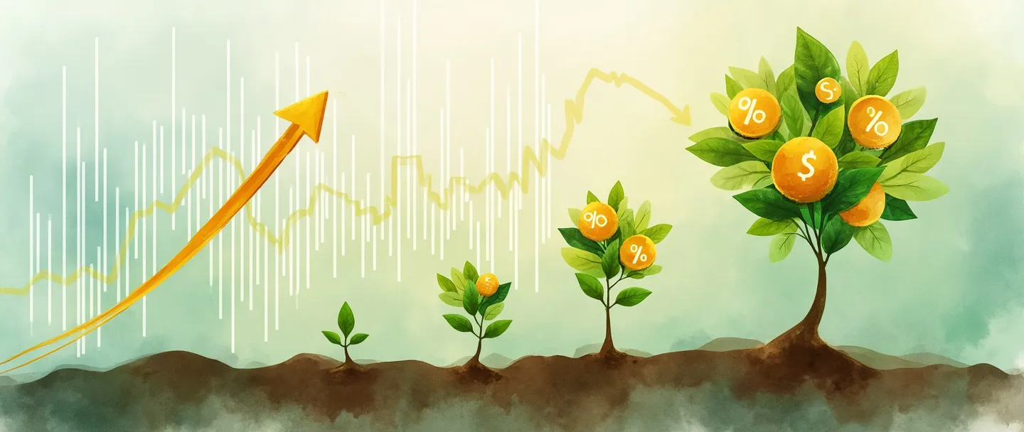 Tradução para pt-br:

Uma pintura digital em aquarela de uma muda crescendo e se transformando em uma árvore do dinheiro com símbolos de porcentagem como frutos. Um gráfico com tendência ascendente aparece no fundo, com uma seta dourada retornando ao seu ponto inicial, formando um ciclo. Composição simples, verdes e dourados vibrantes, tema de crescimento financeiro.