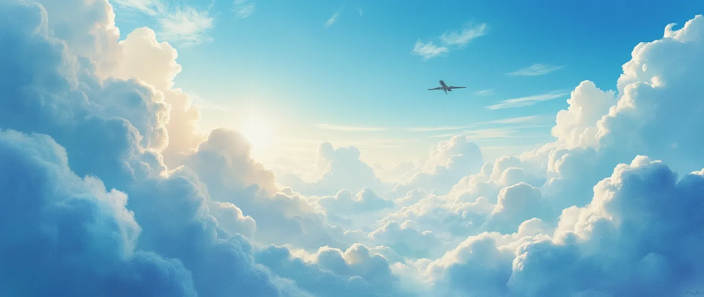 Uma pintura digital em aquarela de nuvens fofas em vários tons de azul e branco, com raios de sol atravessando-as, criando uma atmosfera celestial. A silhueta de um pequeno avião voa pelo céu tranquilo, dando perspectiva à imensidão dos céus acima.