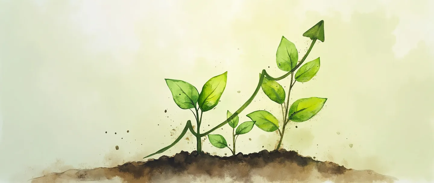 Uma pintura digital em aquarela de uma pequena muda verde crescendo organicamente até se tornar uma planta florescente com galhos formando um gráfico de tendência ascendente. Sem elementos artificiais ao redor, apenas solo natural e luz solar. Composição simples com tons terrosos contrastando com o crescimento verde vibrante. Representação elegante e minimalista do crescimento natural de um negócio.