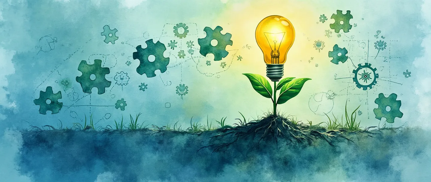 Uma pintura digital em aquarela de uma muda crescendo e se transformando em um projeto de produto, cercada por peças de quebra-cabeça e engrenagens flutuantes. Uma lâmpada brilha acima, iluminando um caminho da ideia ao produto finalizado. Composição simples com vibrantes tons de azul e verde, transmitindo inovação e criação.