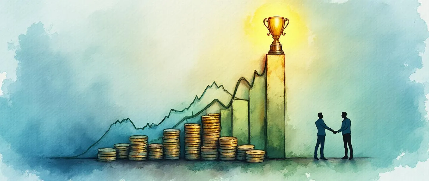 Uma pintura digital em aquarela de um gráfico com tendência ascendente com um troféu dourado em seu pico. Uma lâmpada brilha acima do gráfico, iluminando pilhas de moedas e uma silhueta de aperto de mãos abaixo. Composição simples com azuis e verdes vibrantes, transmitindo crescimento e otimização bem-sucedida de negócios.