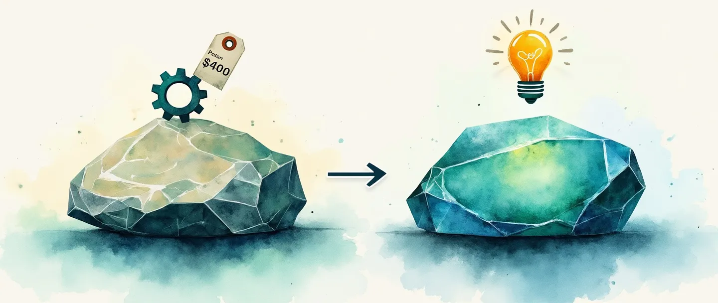 Uma pintura digital em aquarela de uma pedra bruta simples se transformando em uma gema polida, com uma etiqueta de preço mostrando um valor mais alto no lado polido. Uma pequena engrenagem e uma lâmpada pairam acima do processo de transformação, sugerindo inovação e aprimoramento. Composição limpa com azuis e verdes vibrantes contra um fundo branco suave.
